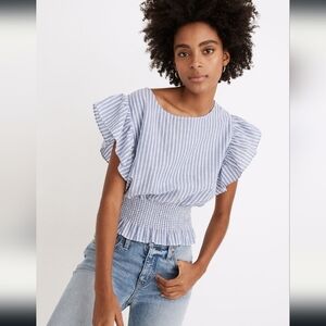 Madewell Flutter-Sleeve Smocked Top in Stripe - Alternating Stripe Blue & White
